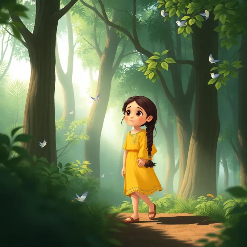 A young Arabic girl, ليلى, with long braided hair, wearing a yellow dress, walking with ق in a dense forest, tall trees surrounding them, birds singing in the background, illustration, magical environment, child-friendly, light filtering through leaves