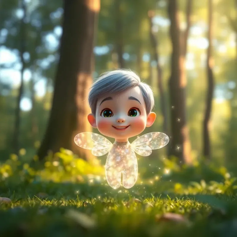 A small shimmering spirit appearing before ق, glowing like stars, with tiny wings, smiling warmly, in a bright forest environment, sunlight filtering through the trees, digital art, ethereal, inviting atmosphere