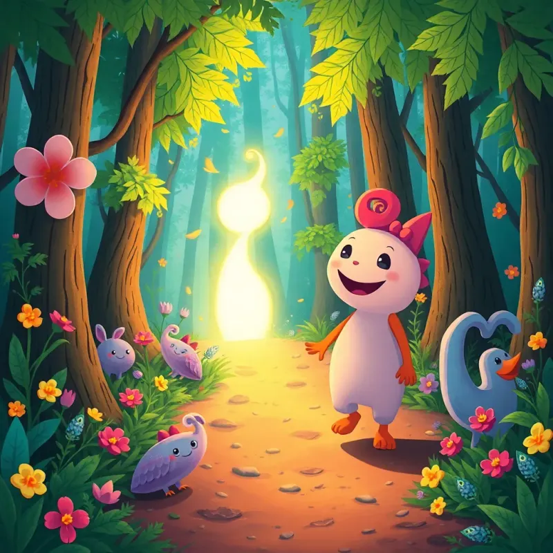 ق and ليلى following the glowing spirit through the forest, encountering whimsical and colorful creatures, bright plants and flowers around, joyful expression, illustration, vibrant and fantastical, child-friendly