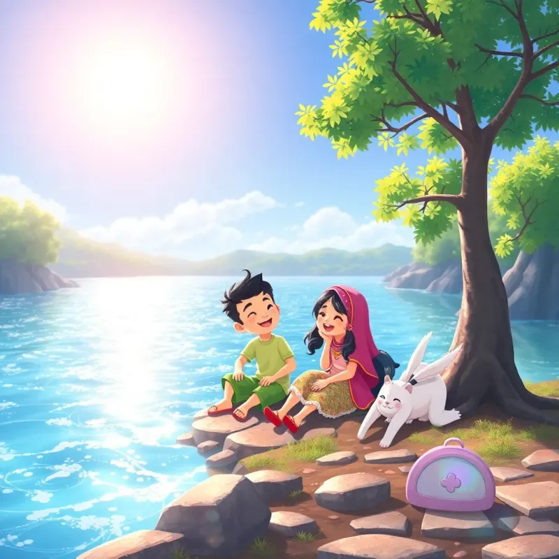 ق and ليلى resting by a sparkling river, with the sun shining brightly on the water, laughing and chatting happily, colorful scenery, fancy illustrations, relaxing and peaceful