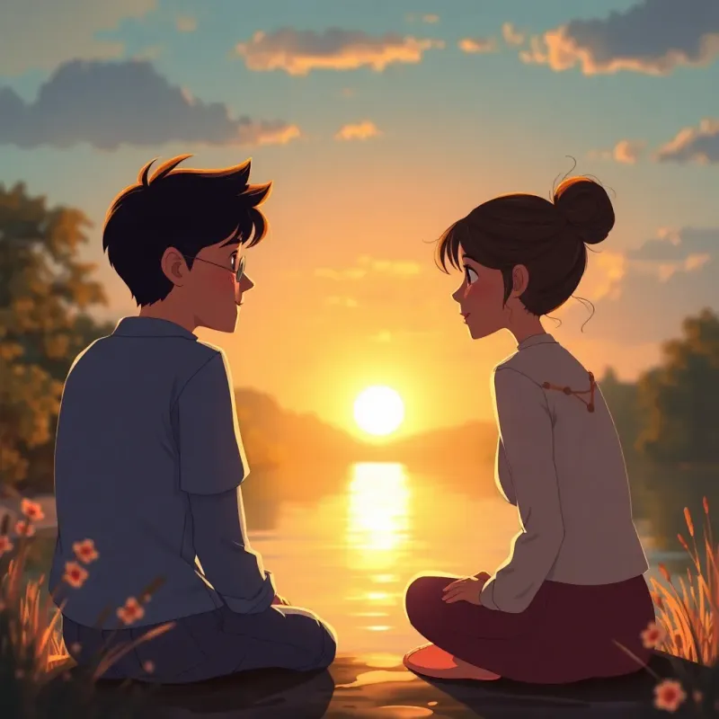 A close-up of ق and ليلى sitting by the river, talking about their dreams, the sun setting in the background casting warm colors, heartfelt scene, digital painting, emotional and warm