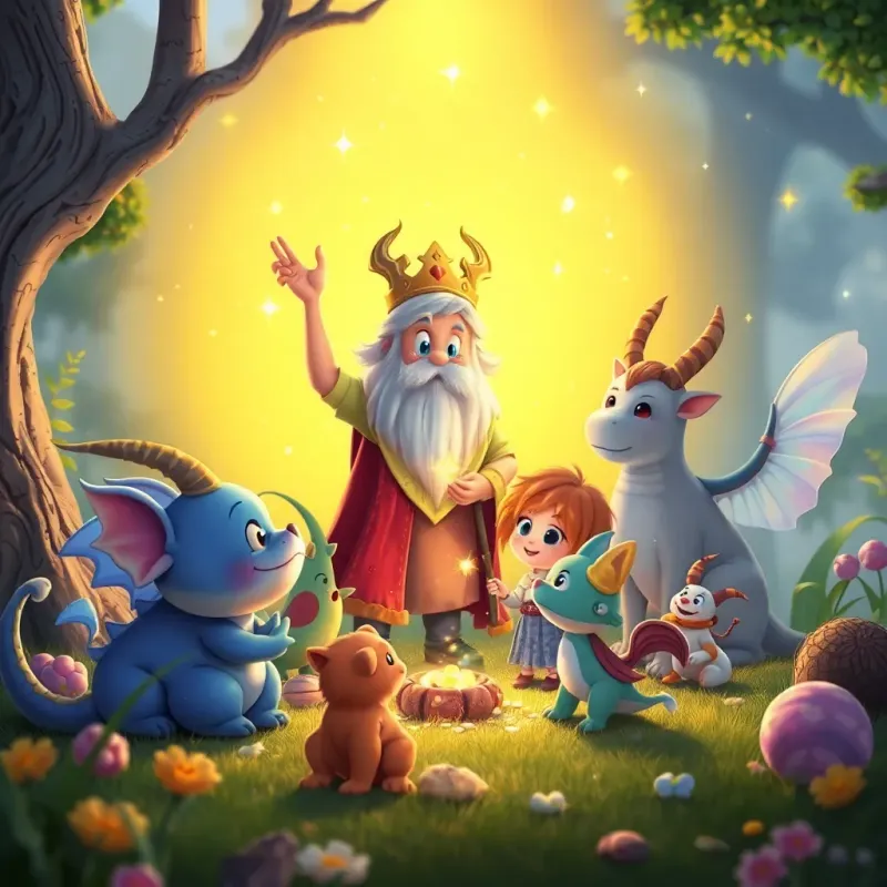 Magical creatures gathered around ق, ليلى, and the spirit, showing them hidden treasures, sparkles in the air, playful atmosphere, fantasy landscape, child-friendly