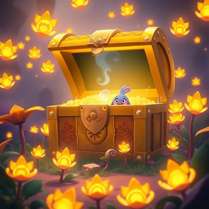 A large golden treasure chest surrounded by glowing plants, with ق, ليلى, and the spirit peeking inside with wonder, bright colors, adventure-filled, digitally styled