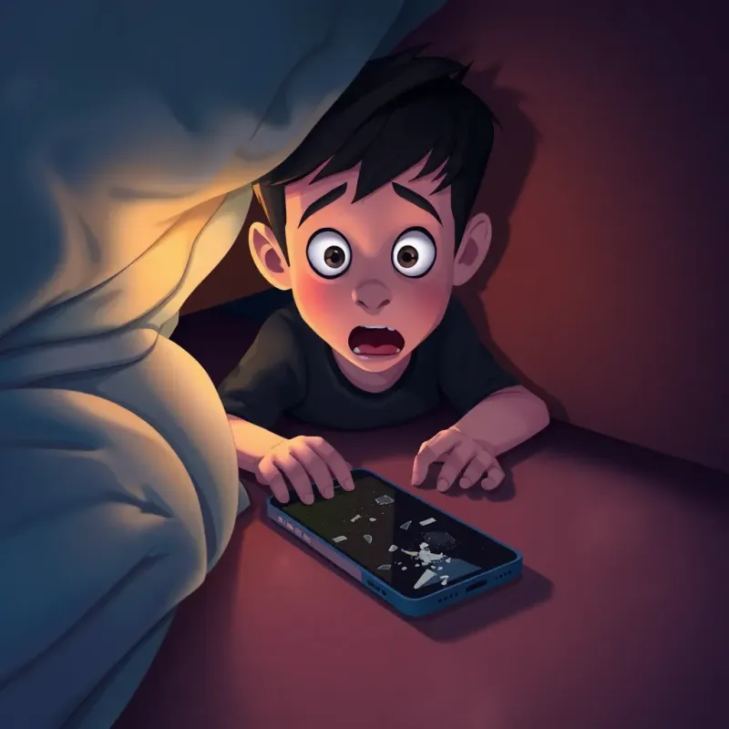 A boy finding an old, broken smartphone under the bed, illuminated by a dim light, expression of shock and fear, emphasizing the dark bedroom setting, illustration, child-friendly, mysterious vibe, vibrant colors, storytelling perspective