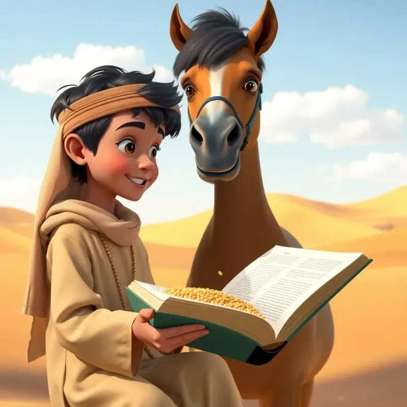 A clever young Bedouin boy, with dark hair and traditional beige thawb, teaching a horse to read by placing grains of wheat on pages, inside a sunny desert landscape with sand dunes in the background, vibrant colors, playful, imaginative scene, high quality