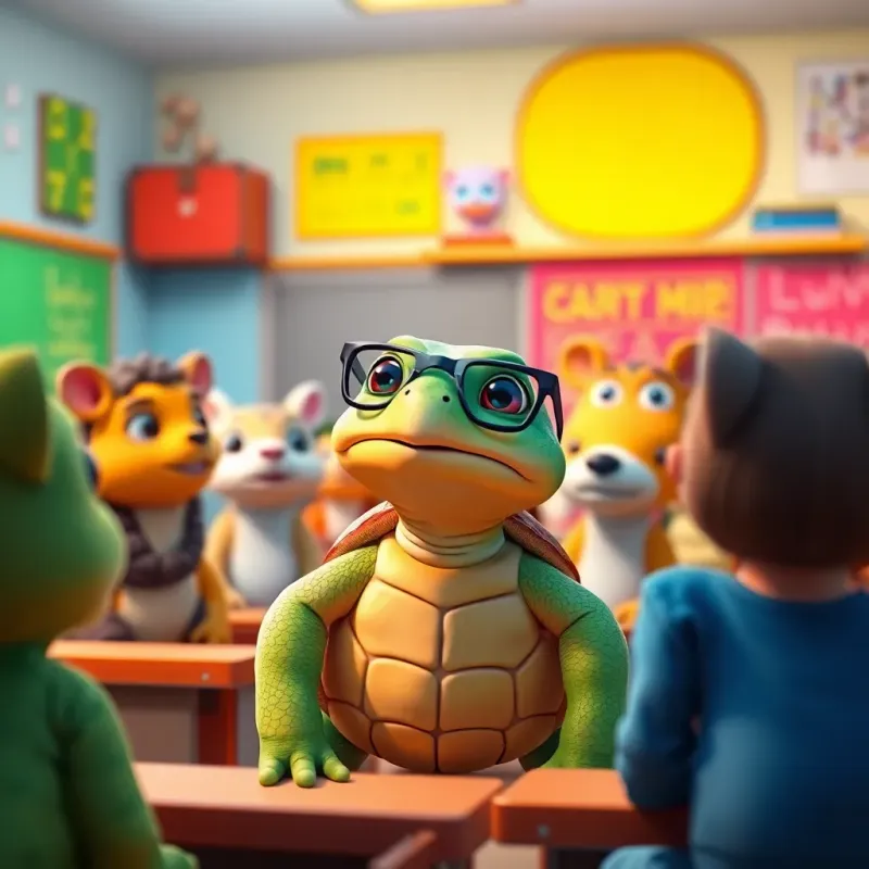 A small turtle with glasses, speaking to a group of animals in a colorful classroom, all paying attention, the atmosphere is positive, digital art, bright colors, inspiring and engaging