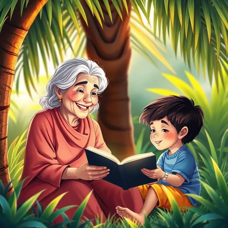 An elderly woman smiling while telling stories to a young boy, both sitting under a palm tree, colorful background with plants, soft light creating a magical moment, child-friendly illustration