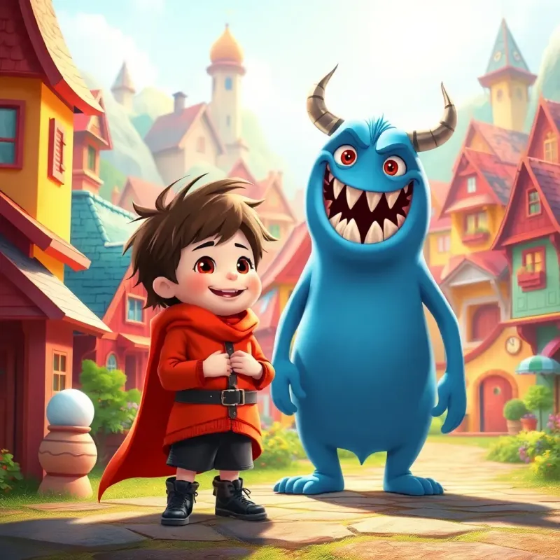A brave young child standing beside the monster in a colorful village, showing kindness and friendship, bright and cheerful colors, warm light, digital illustration, uplifting scene.