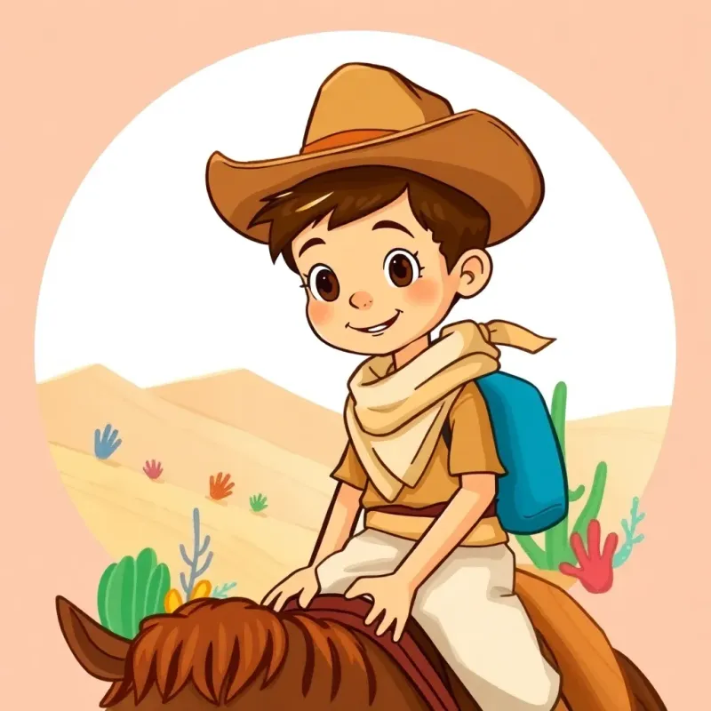 Ahmad, a young boy with short brown hair, wearing a cowboy hat and desert attire, exploring the hills on horseback, with colorful desert plants around, illustration, cheerful, adventurous scene, engaging perspective, child-friendly