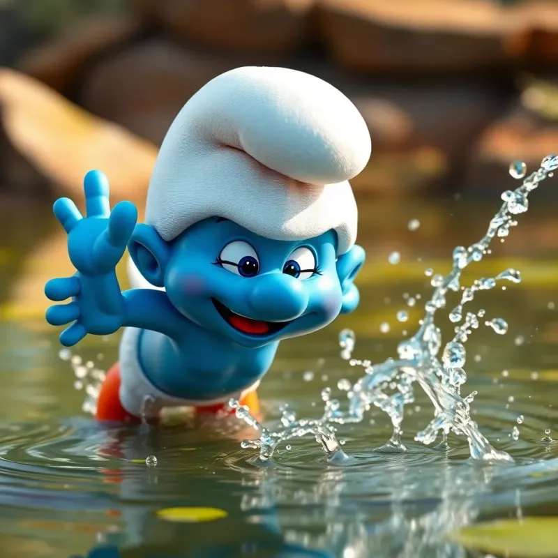 A brave little smurf, with blue skin and a white hat, diving into a pond, splashing water everywhere, colorful cartoon style, fun and adventurous, high quality