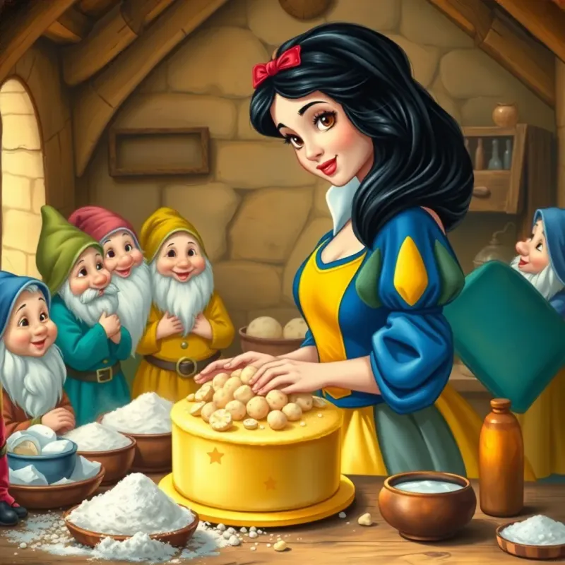A young Arab girl, Snow White, with long black hair, wearing a beautiful blue and yellow dress, baking a cake with seven cheerful dwarfs in a small cozy cottage, with flour and ingredients around them, fun atmosphere, warm light, inviting scene, detailed, high quality.