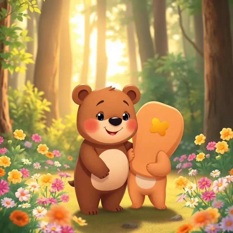 A little bear, بياض ثلج, with a friendly expression, standing beside بياض ثلج in a forest, surrounded by colorful flowers and sunlight peeking through the trees, cheerful, playful setting, child-friendly, illustration, warm tones, heartwarming scene