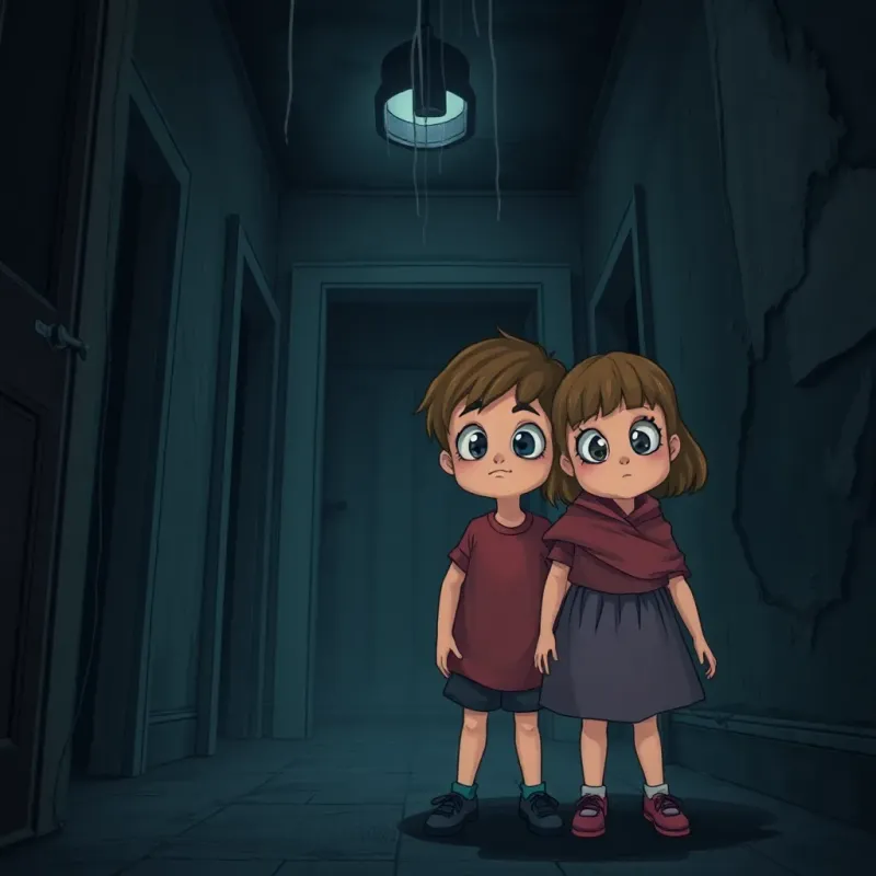 Two children, a boy and a girl, standing inside a dark abandoned house, with peeling paint and cobwebs, looking around wide-eyed, with a nervous but curious expression, illustration, mysterious and thrilling atmosphere, detailed, child-friendly