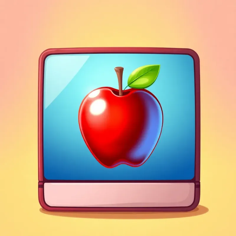 A shiny red apple appearing on the screen with a bright background, colorful and cheerful design, cartoon style, fun lighting, emphasizing the red color, high quality