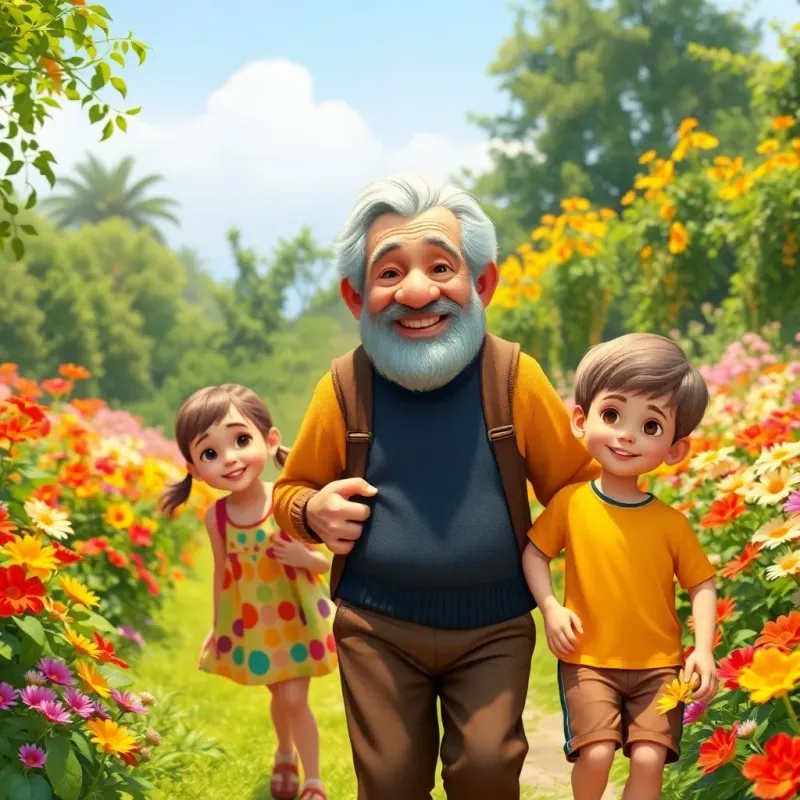A cheerful old man, with gray hair and a kind smile, walking with two young children, a girl in a colorful dress and a boy in a bright t-shirt, in a lush garden full of flowers, sunny and vibrant atmosphere, digital art, warm colors, inviting scenery, high quality