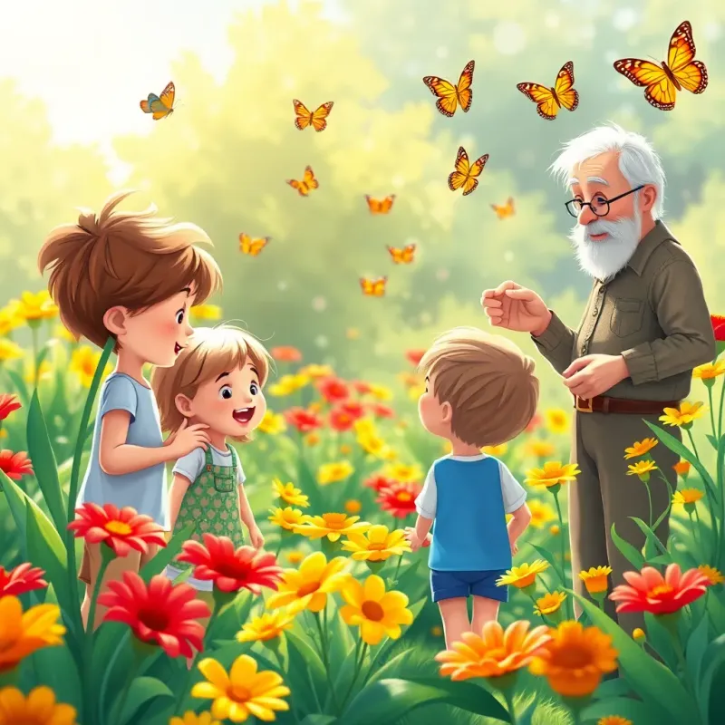 A vibrant garden scene with colorful flowers in red and yellow, and butterflies fluttering around, with two children admiring the flowers and an old man explaining, bright sunlight, playful and cheerful, child-friendly, illustration, enchanting and joyful