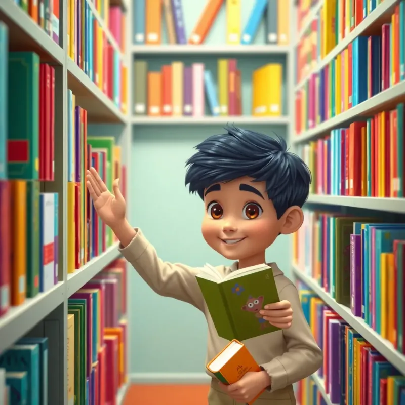 Ali, a boy choosing a colorful book from a library shelf, with books of various shapes and sizes behind him, bright colors surrounding him, digital art, cheerful, vibrant scene, high quality