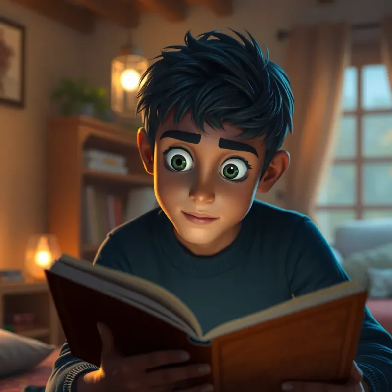 Ali, deeply focused while reading a book, with the pages open and his eyes wide, a cozy room in the background filled with light, digital art, warm and inviting atmosphere, high quality