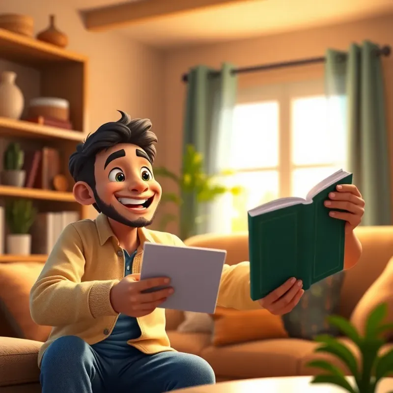 Ali, feeling knowledgeable and exciting, advising his friend Samer to read a book, with a bright smile and energetic pose, in a cozy home environment, digital art, warm light, engaging scene, high quality