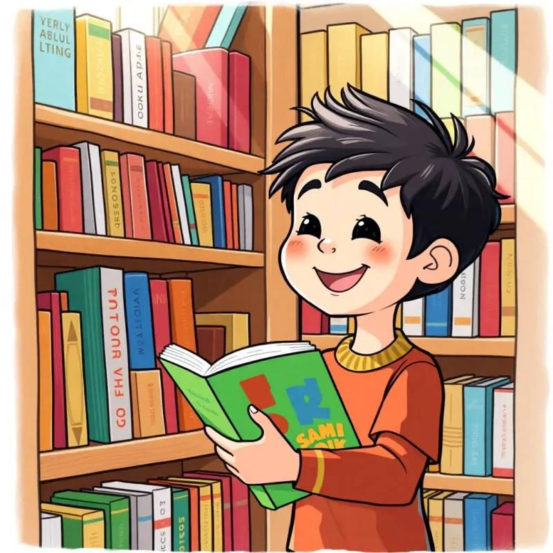 A boy, Sami, happily selecting a colorful book from a bookshelf filled with various titles, bright sunlight shining on the books, cheerful setting, detailed illustration, vibrant colors, child-friendly