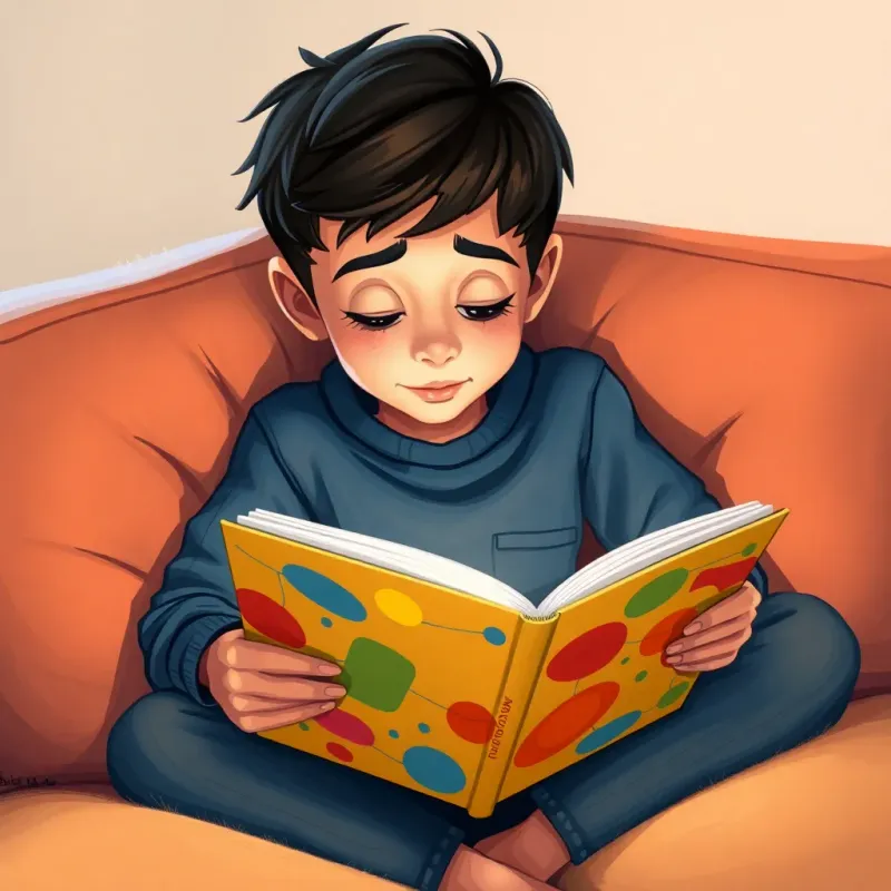 A boy, Sami, deeply focused and immersed in reading a colorful book, sitting on a comfy couch, with expressions of wonder on his face, cozy atmosphere, digital painting, high quality