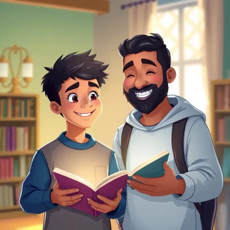 A boy, Sami, looking proud and confident, standing next to his friend Ahmed, both smiling as they discuss books, warm light, inviting atmosphere, friendship theme, digital art, high quality