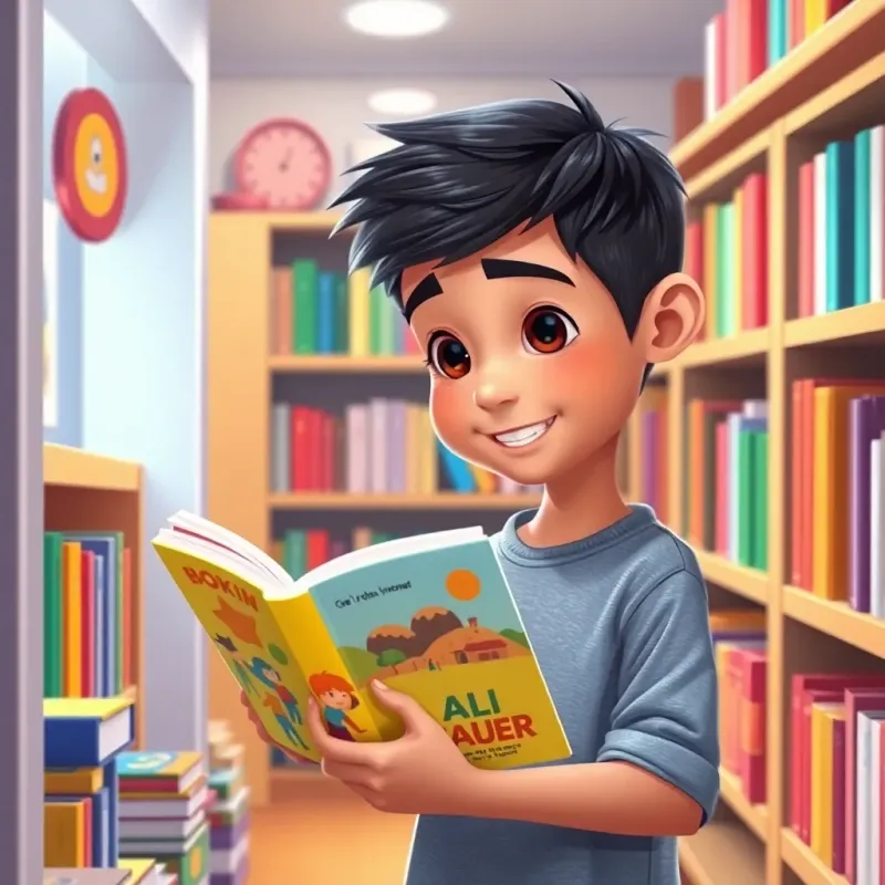 Ali, a boy with short hair, choosing a colorful book from a small library, holding a bright book with illustrations, lively room with shelves full of books, cheerful and vibrant setting, digital painting, joyful, colorful
