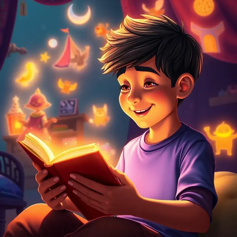 Ali, focused boy reading a book intently, with bright illustrations coming to life around him, surrounded by a warm glow, showing joy and concentration, detailed digital art, immersive atmosphere, high quality