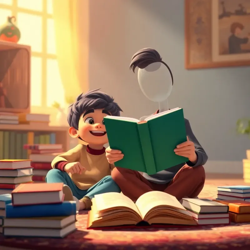 Ali, a proud boy sharing his love of reading with his friend, both smiling, sitting on a carpet surrounded by books, bright colors, inviting light, friendly atmosphere, digital art, heartwarming scene
