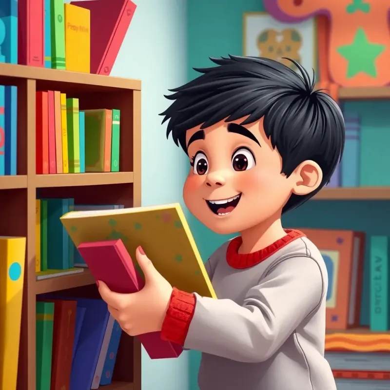 Ali, a young boy, picking a colorful book from a small bookshelf, excitement on his face, surrounded by other colorful books, illustration, cheerful, child-friendly, vibrant