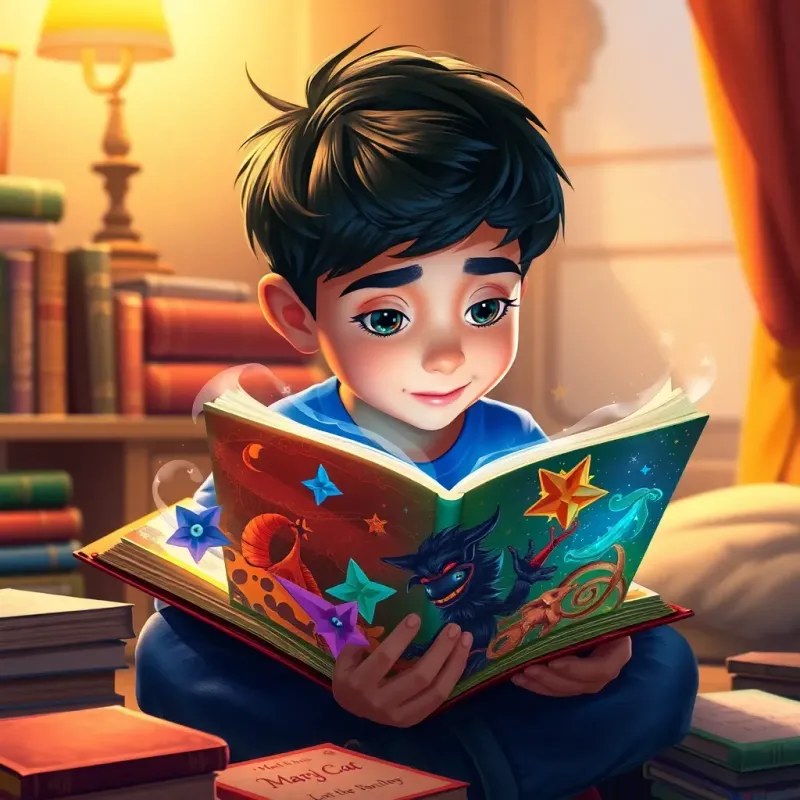 Ali, the boy, reading the colorful book with great focus and interest, immersed in a magical adventure, books scattered around him, cozy room, detailed digital painting, warm light