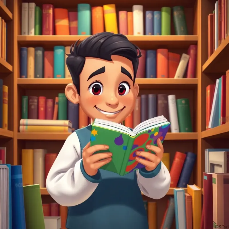 Samer choosing a colorful book from a bookshelf, bright colors, cheerful expression, surrounded by various books, inviting and whimsical setting, illustration, high quality.