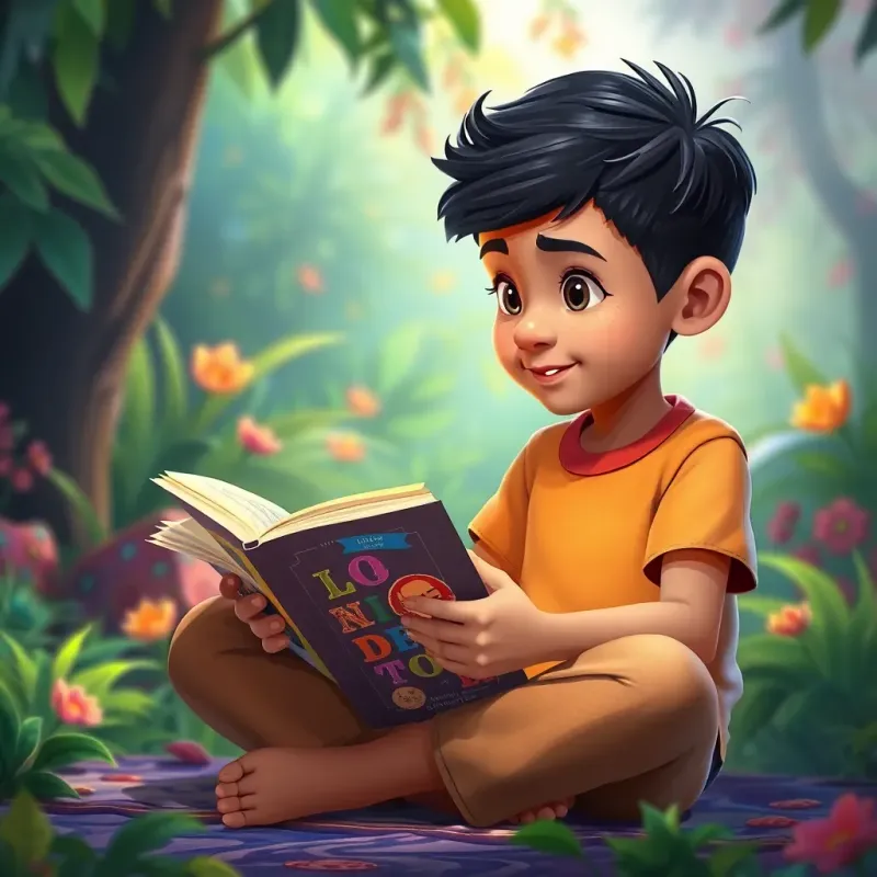 Samer reading the book with focus and interest, sitting cross-legged, colorful book pages, lush background, engaging and vibrant atmosphere, digital painting, child-friendly.