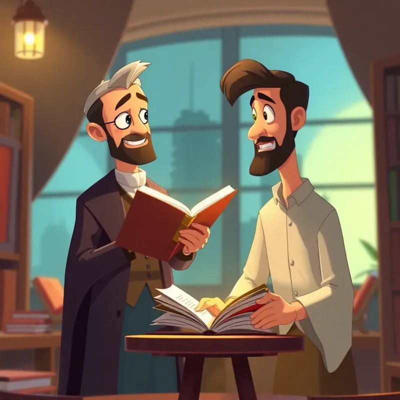 Samer, now more knowledgeable and distinguished, giving advice to his friend Ali about reading, warm light, friendly and inviting atmosphere, illustration, dynamic interaction.