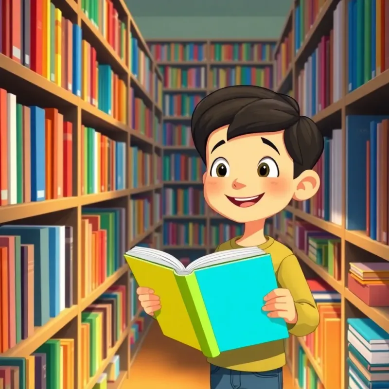 A boy choosing a colorful book from the library, surrounded by shelves filled with various books, cheerful mood, vibrant colors, illustration, friendly