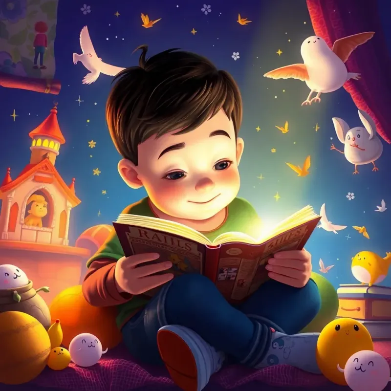 A boy reading a book with focus and interest, sitting comfortably with a bright light, wonderful illustrations around him, enchanting atmosphere, digital painting, high quality