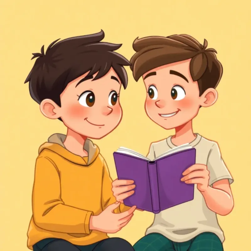 A boy showing improvement from reading, advising his friend to read, friendly interaction, bright background, warm colors, heartwarming scene, illustration, detailed
