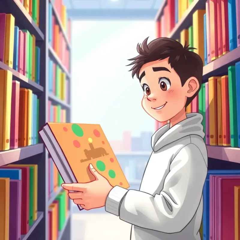 Sami selecting a colorful book from the shelf in the library, with vibrant books around him and a curious look on his face, bright library setting, digital illustration, engaging, colorful light, warm feel
