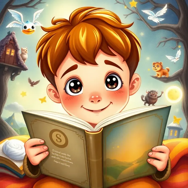Sami reading the book intently, with wide eyes and a smile, surrounded by magical images from the story coming to life around him, warm colors, fantasy atmosphere, detailed and lively
