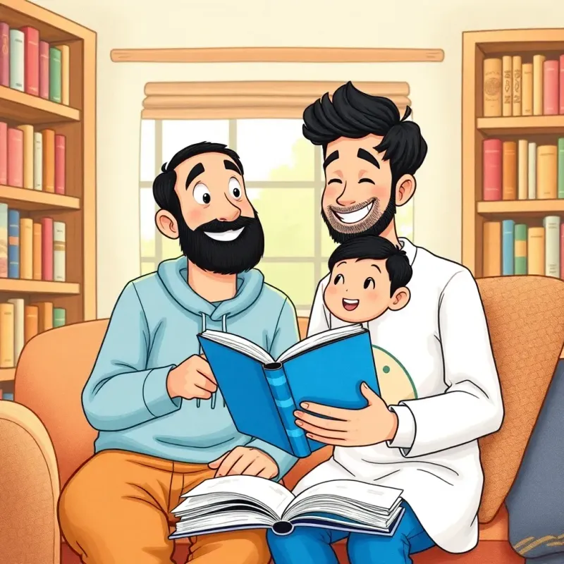 Sami sharing his excitement for reading with his younger friend, Ahmad, pointing towards a book and both smiling, in a cozy room with bookshelves, friendly atmosphere, engaging and heartwarming