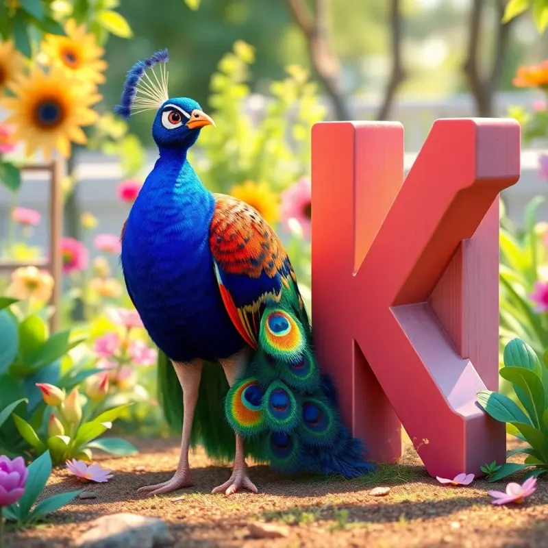 A beautiful peacock standing next to the letter 'ط', both smiling and exploring together in the sunny garden, vibrant colors, joyful and lively scene