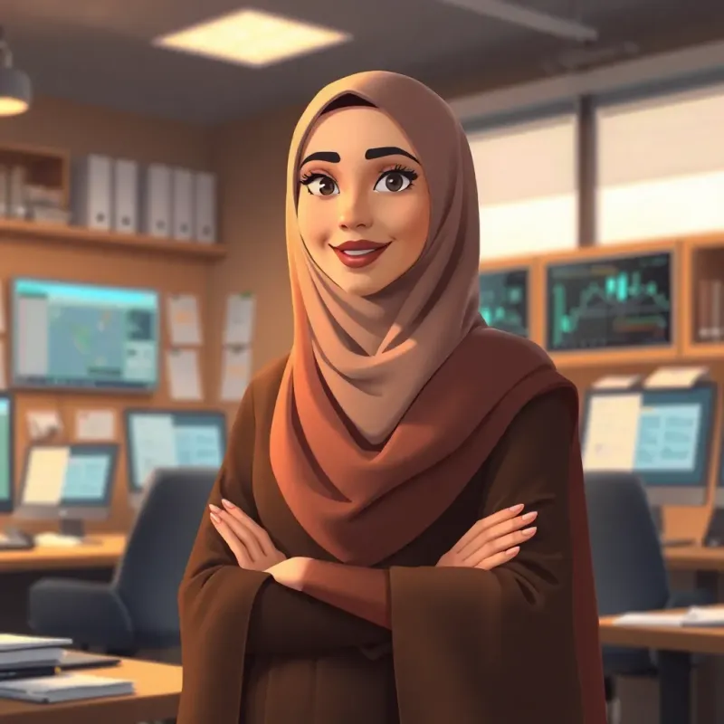 A beautiful Arab lady, wearing a hijab and an elegant abaya, standing in an office filled with computers and papers, speaking confidently about data governance, warm light, professional setting, inspiring scene, digital illustration, sharp focus, polished details