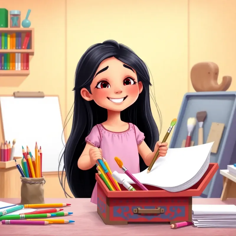 Leila, a little girl with long black hair, cheerfully taking out her drawing tools: colorful pencils, large brushes, and blank sheets of paper from a colorful box, well-organized workspace, illustration, fun and playful, high quality