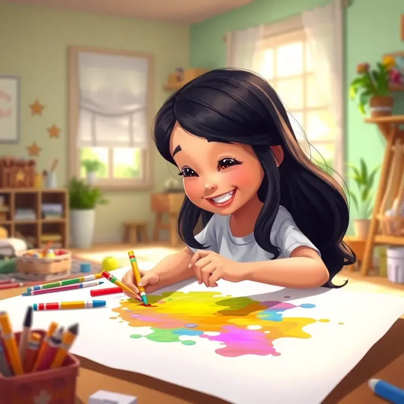Leila, a little girl with long black hair, focused and joyful, painting with bright colors on a big sheet of paper, her art supplies around, a sunny room filled with creativity, digital painting, lively details, warm light