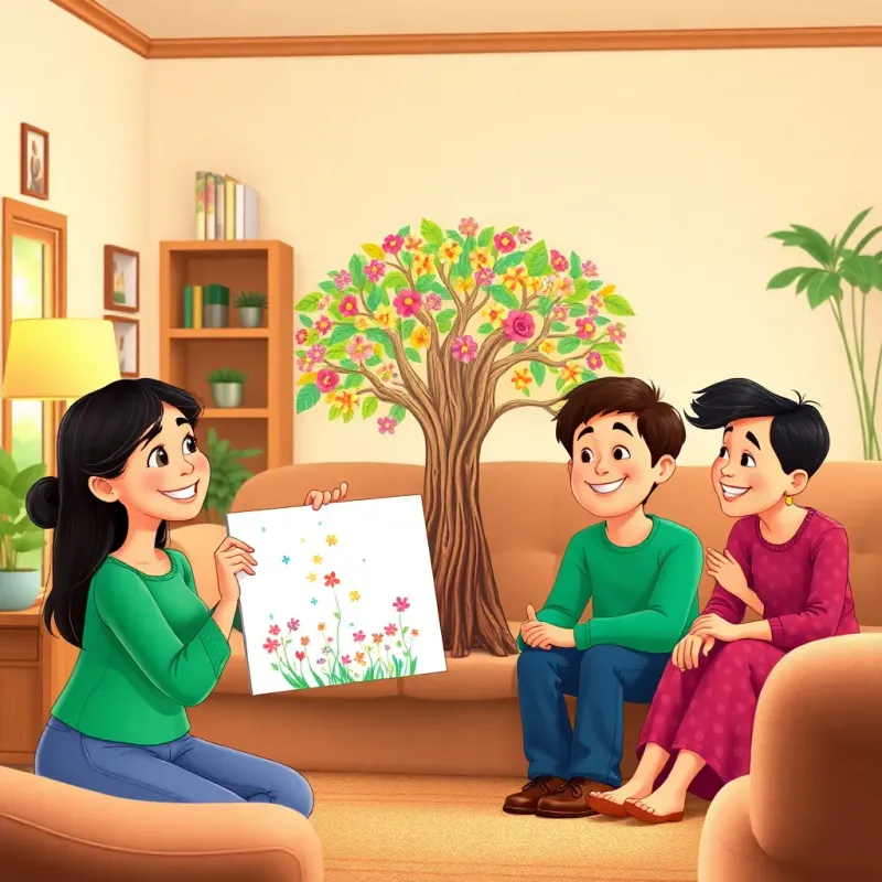 Leila proudly displaying her colorful drawing of a large tree with flowers to her family in a cozy living room, everyone smiling and admiring her artwork, heartwarming atmosphere, bright colors, illustration