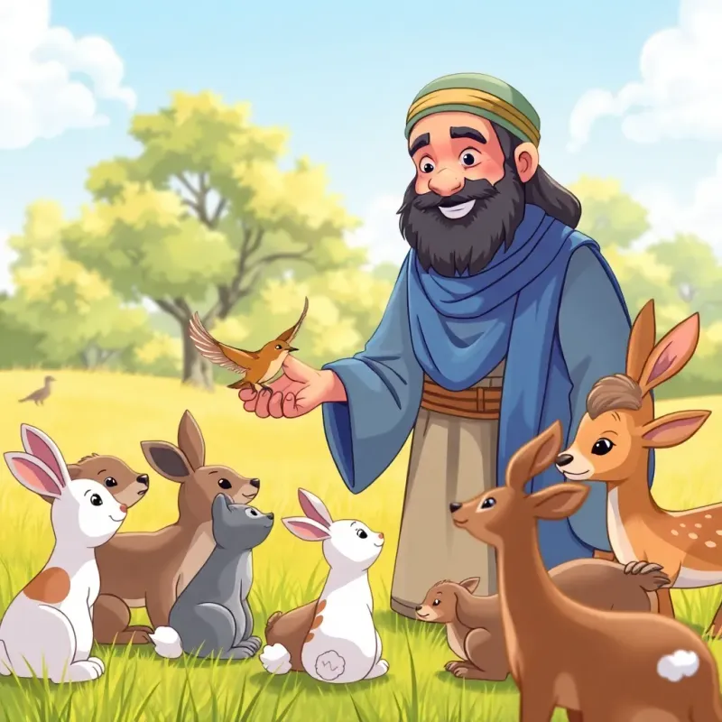 Da Ahmed, a wise man with a gentle smile, encouraging animals to help a wounded bird, with various animals like rabbits and deer gathered around in a sunny clearing, illustration, cheerful, heartwarming, child-friendly