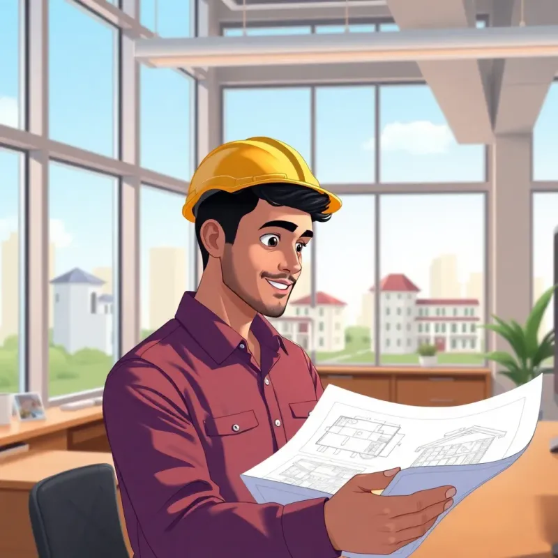 Sami, a young Arab man, with short black hair wearing a safety helmet, looking at blueprints of beautiful houses in his office with large windows, bright natural light, cheerful ambiance, illustration, inspiring
