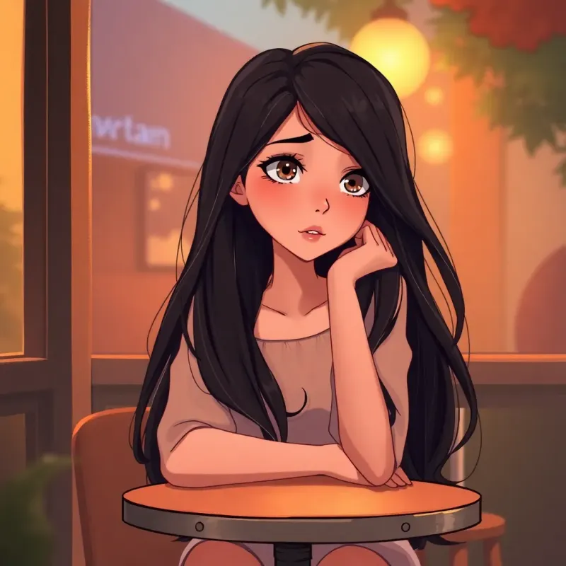 Haneen, a beautiful girl with long flowing dark hair, sitting at a small café table, looking thoughtful and a bit sad as she gazes off into the distance, warm light, soft colors, illustrative style, emotional depth, high quality