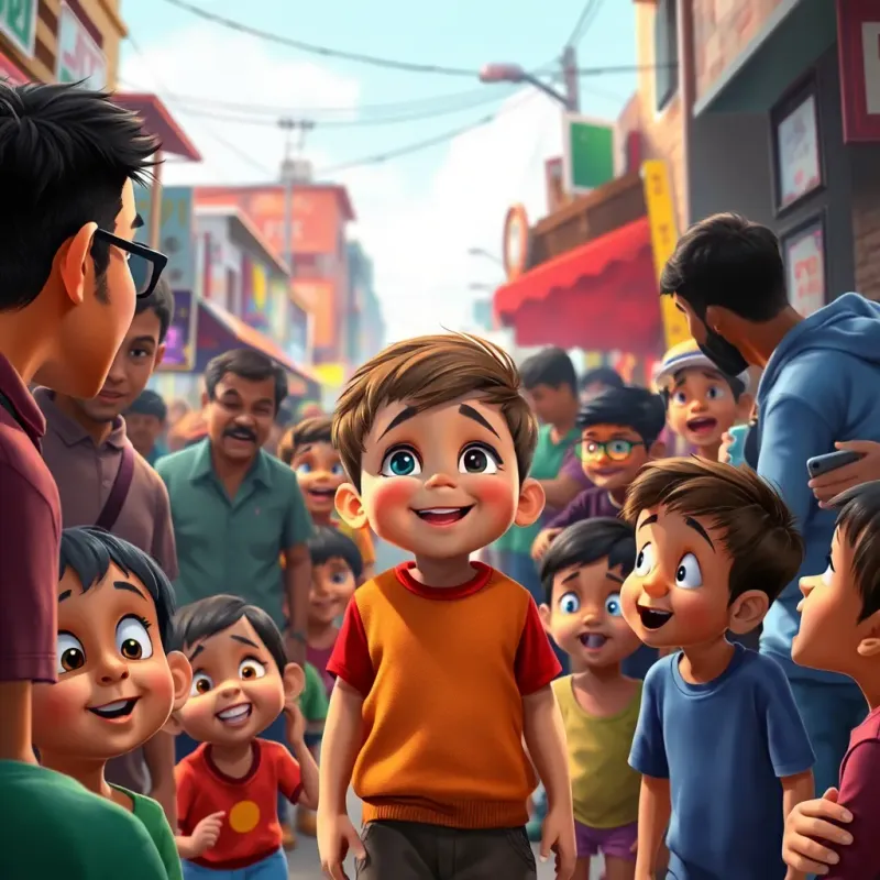 A chaotic street scene with people arguing, a small child in the middle smiling brightly, children around looking confused, vibrant colors, lively atmosphere, cheerful focus, digital art, engaging composition