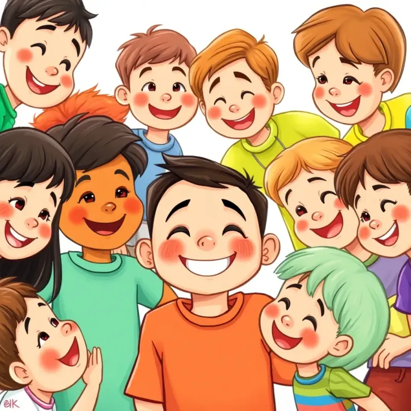 A group of kids around a smiling boy, colorful drawings, teamwork atmosphere, detailed and friendly expressions, cheerful colors, storytelling view, heartwarming